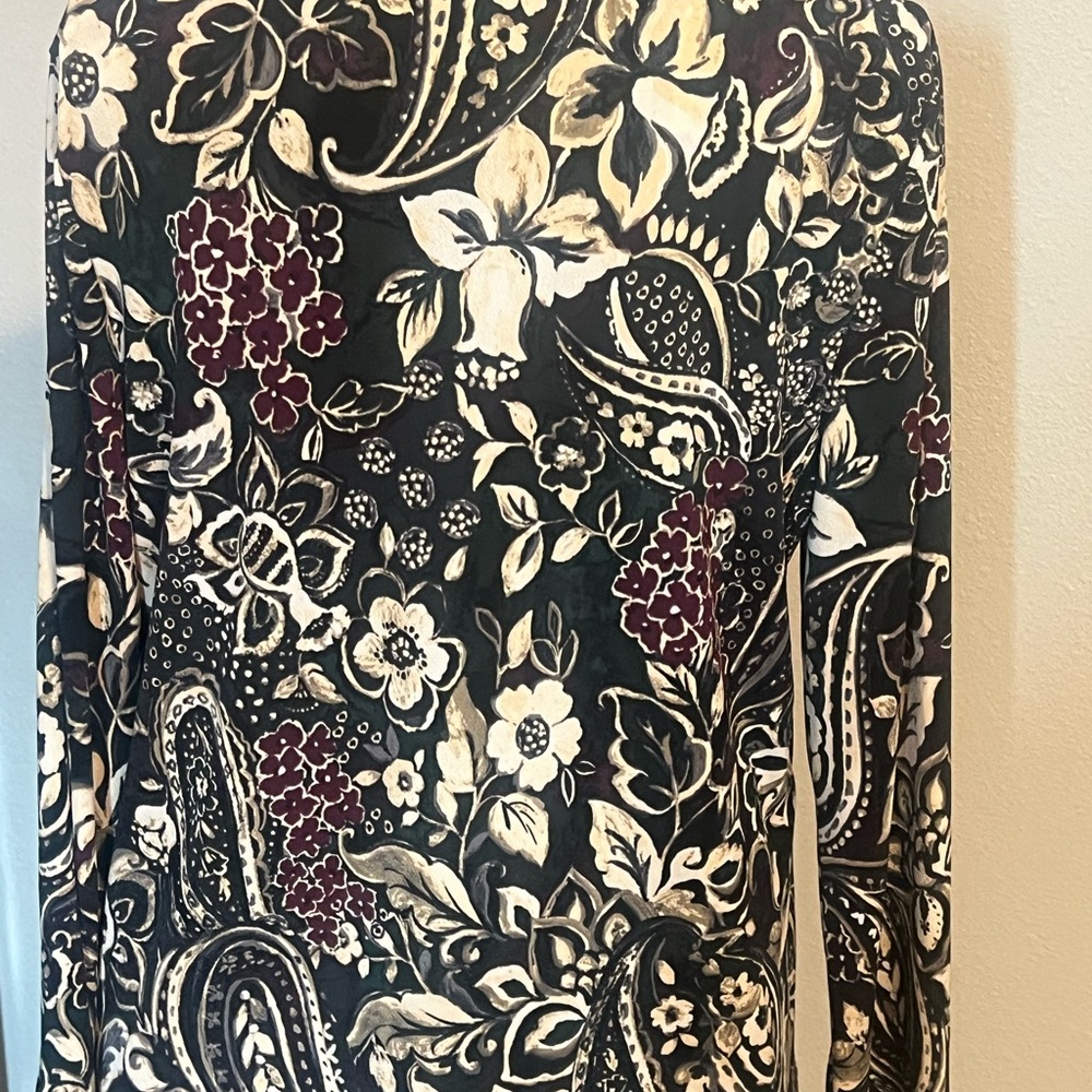 Investments Black Floral Long Sleeve Blouse with White and Burgundy Accents
